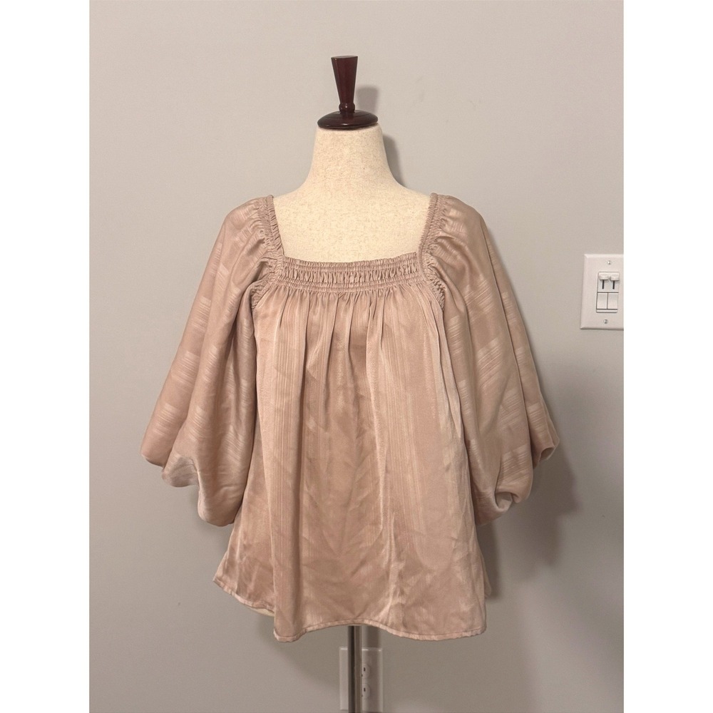 ENTRO | Puff Sleeve Blouse Women L Beige Smocked Square Neck Satin T19536 Boho